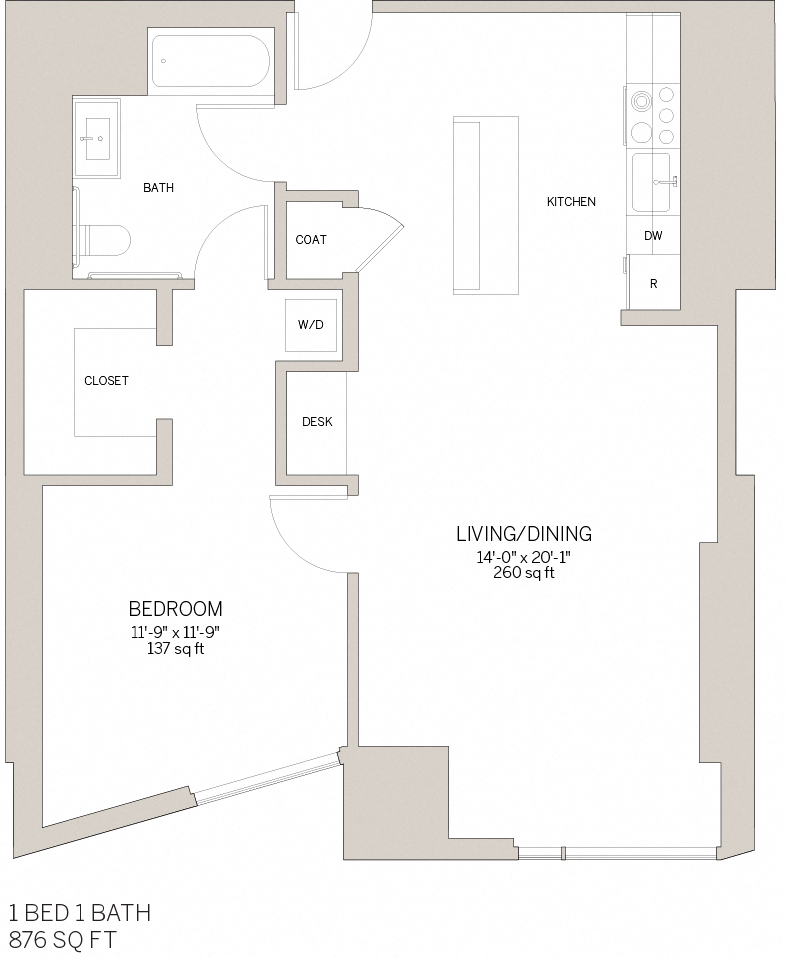 Floor plan for 1 bed, 1 bath, 876 sqft
